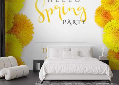 Vector spring party poster with lettering, lilac flowers and doodle branches Wall mural