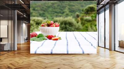 Fresh red ripe organic bio strawberries in a bowl on the table with tablecloth in the garden. Spring or summer harvesting. Healthy eating. Vitamin. Wall mural