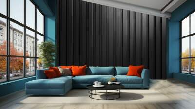 Black corrugated metal texture. Wall wooden vertical panels. Dark steel roof sheet. Wood siding for construction. Wall mural