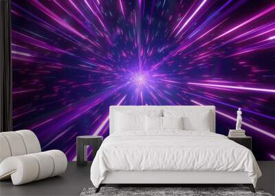 Neon speed rays abstract background. A burst of pink light energy. The movement of luminous purple rays in space. Wall mural