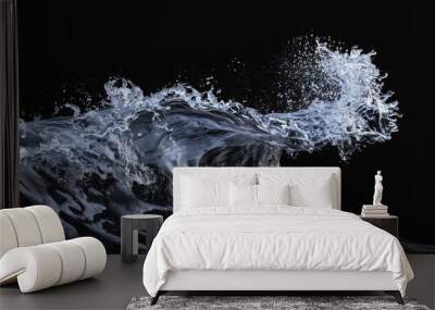 Splash of water on a black background. Transparent liquid wave. Abstract wet flow. Wall mural