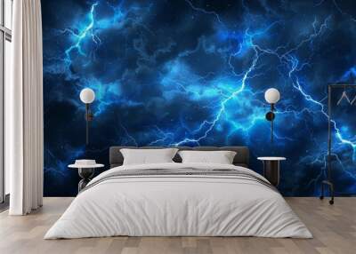 Thunder and lightning on a background with a blue sky. Light thunderstorm with strikes in the dark. Clouds with a powerful electric charge. Wall mural