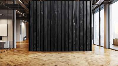 Wall made of wood. Background of wooden panels. Black vertical slats. Template from plank boards. Decor for modern interior and exterior. Architectural solutions for facades. Wall mural