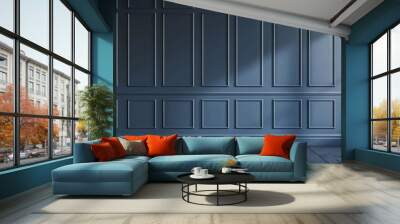 Wall panels in the room. Interior in classic Victorian style. Dark blue empty background indoors. Wall mural