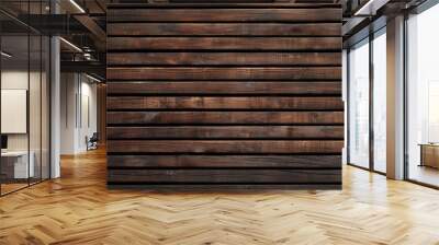 Wooden wall. Wood panel texture modern design. Interior partition pattern with walnut texture. Brown oak building facade. Construction material from fence boards. Wall mural