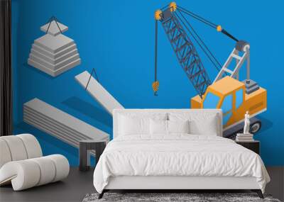 Isometric 3D vector illustration set building lifting crane Wall mural