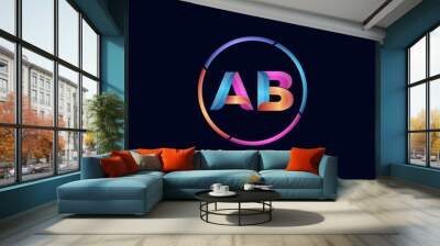 Initial letter AB curve rounded logo, gradient vibrant colorful glossy colors on black background Wall mural