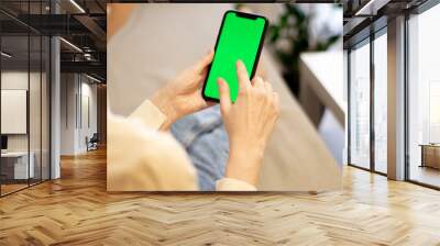 Woman at home, on the couch, using a smartphone with a green mockup screen. Girl using a mobile phone on the Internet. Point of view shot Wall mural