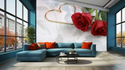 roses and a heart background – two red roses on a pale pastel floral background. a gold heart is nex Wall mural