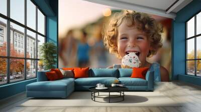 AI-generated close-up of an adorable child eating ice cream on the beach Wall mural