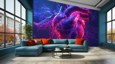 A 3D rendered image of a human heart enhanced with biotechnological implants, glowing under neon lights and a black light background, highlighting the intricate patterns of the tec Wall mural