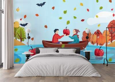 Bobbing for apples, outdoor Halloween fun, flat design illustration Wall mural