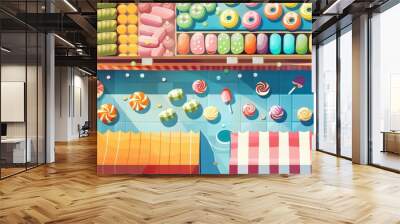 Candy store layout flat design top view sweet shop theme cartoon drawing vivid Wall mural