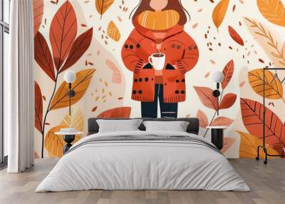 Cute fall colors, warm tones and patterns, flat design illustration Wall mural