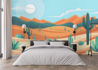 Desert landscape, sand dunes and cactus, flat design illustration Wall mural