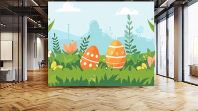 Easter egg hunt, Easter treats, spring icons, cartoon carrots, flat design illustration Wall mural