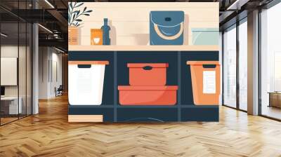 Home organization, labeled storage bins, flat design illustration Wall mural