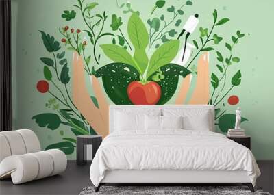 Investment in sustainable healthcare, food transformation with mentor support, flat design illustration Wall mural