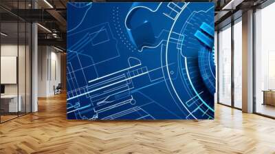 Machine part with precision details, engineering focus, blueprint background, flat design illustration Wall mural