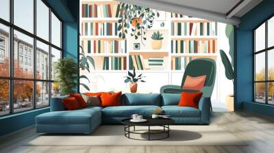 Modern living space, bookshelf and indoor plants, flat design illustration Wall mural