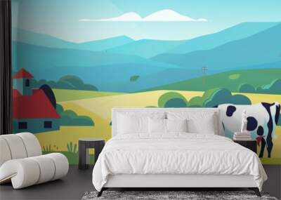 Organic dairy farming, cows in pasture, flat design illustration Wall mural