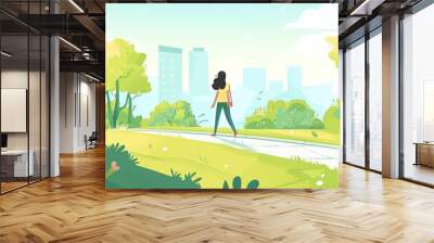 Urban nature walks, city trails, green pathways, flat design illustration Wall mural