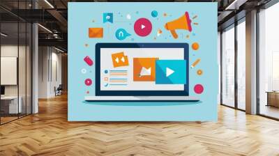 Virtual event marketing, laptop with webinar, flat design illustration Wall mural