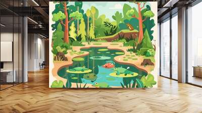 Wildlife habitat with amphibians, frogs and ponds, flat design illustration Wall mural