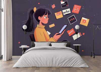 Woman browsing deals, smartphone with Black Friday sale tags, flat design illustration Wall mural