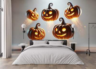 flying halloween carved pumpkins with glowing faces, isolated on a white background Wall mural