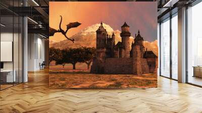 Dragon and Castle - A fearsome dragon attacks a castle in medieval Europe. Wall mural