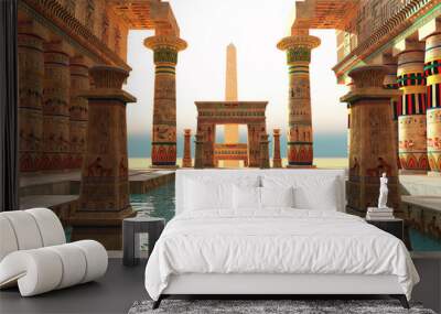 Egyptian Pool with Obelisk - Ornate Egyptian architecture with hieroglyphs surround a pool in historical Egypt with an obelisk standing guard. Wall mural