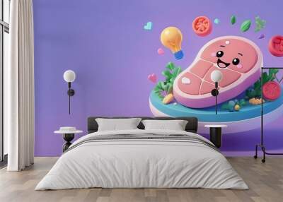 3D render of a cute pastel cartoon steak with vegetables and herbs in a cute menu concept from Steak. Wall mural