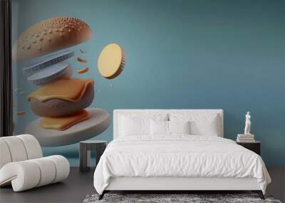 3D render of floats cheeseburger with sesame bun, lettuce, tomato, onion and pastel sauce  from Cute Fast Food Concepts. Wall mural