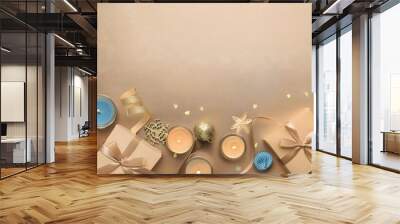 3D render of HAPPY New Year banner template. Flat lay composition with ornaments, wrapped gift, gold background. Wall mural