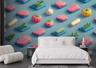 3D render of meat, vegetables, bell peppers, tomatoes, onions, garlic and herbs in cute low polygon shapes in pastel colors. Wall mural