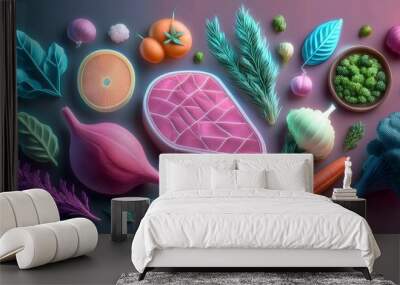 3D render of meat, vegetables, bell peppers, tomatoes, onions, garlic and herbs in cute low polygon shapes in pastel colors. Wall mural