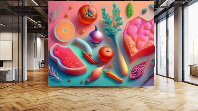 3D render of meat, vegetables, bell peppers, tomatoes, onions, garlic and herbs in cute low polygon shapes in pastel colors. Wall mural