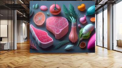 3D render of meat, vegetables, bell peppers, tomatoes, onions, garlic and herbs in cute low polygon shapes in pastel colors. Wall mural