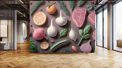 3D render of meat, vegetables, bell peppers, tomatoes, onions, garlic and herbs in cute low polygon shapes in pastel colors. Wall mural