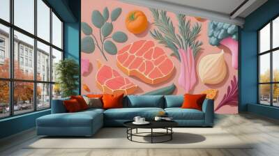 3D render of meat, vegetables, bell peppers, tomatoes, onions, garlic and herbs in cute low polygon shapes in pastel colors. Wall mural