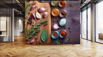 3d render of Wooden cutting board with meat, vegetables and herbs on a wooden table in the kitchen. Wall mural