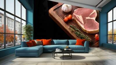 3d render of Wooden cutting board with meat, vegetables and herbs on a wooden table in the kitchen. Wall mural