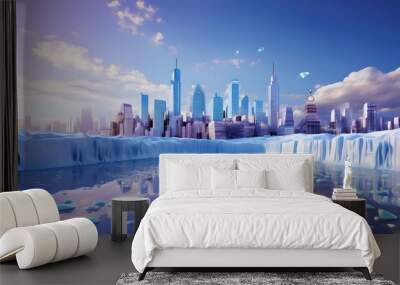 A melting glacier with a business city skyline in the background. Visualizing climate change. Wall mural