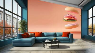 Cartoon 3D rendering of a cute pastel cheeseburger with melted cheese, lettuce, sauce and tomato. Wall mural