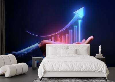 Concept of futuristic marketing analysis, holographic graph showing company financial statistics in the hands of a businessman or executive. Wall mural