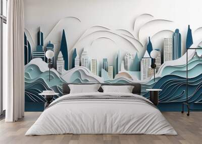 Concepts about environmental impact A melting glacier with a business city skyline in the background in layers of pastel paper. Wall mural