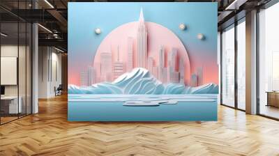 Concepts about environmental impact A melting glacier with a business city skyline in the background in layers of pastel paper. Wall mural