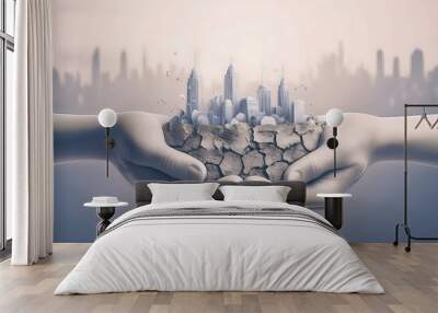 Environmental impact storage Hand holding up a big city with many buildings on cracked ground and city skyline. Wall mural