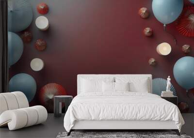 HAPPY New Year banner template. Flat lay composition with balloons, and candles on deep red Wall mural